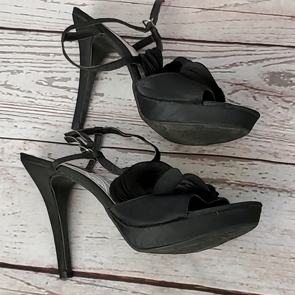 Dollhouse Shoes - Dollhouse Pedalz black satin platform sandals size 8